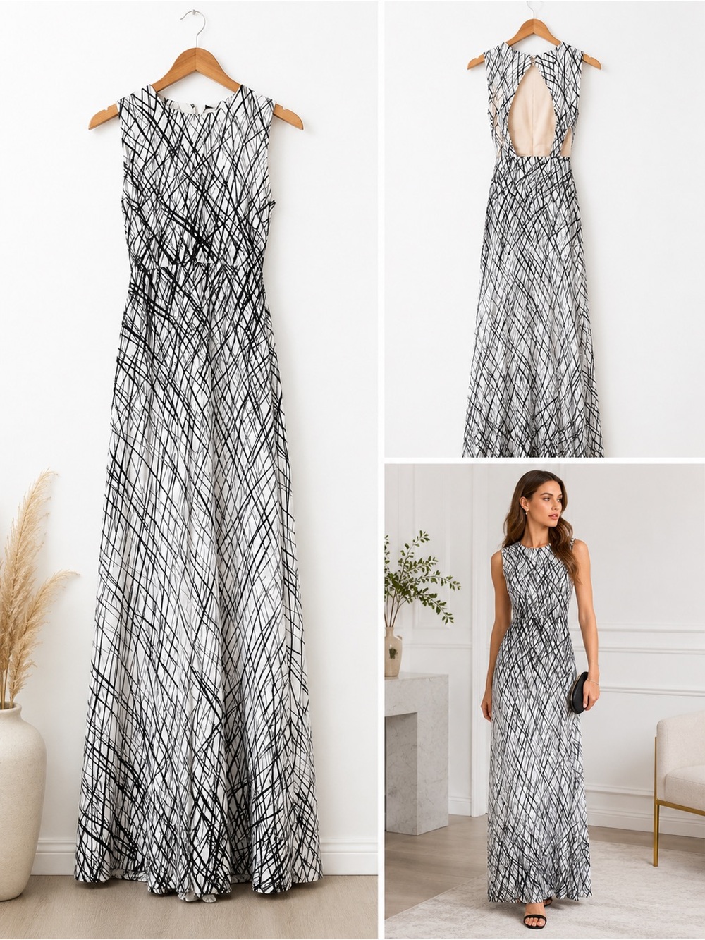 BCBGMaxAzria Chloe Open Back Black White Brushstroke Maxi Gown